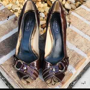 Coach Open Toe Patent Leather Brown Shoes